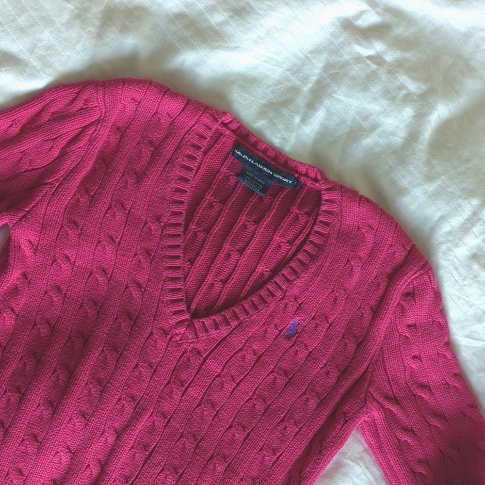 Ralph Lauren Sport Hot Pink Cable Knit V-neck Long Sleeve Sleeve Size S